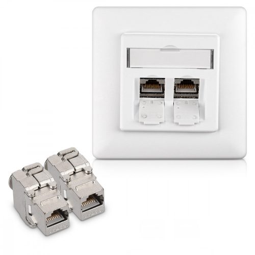 Szett 1 db RJ45 10G dupla hálózati aljzat 2 db CAT 6A csatlakozóval, Kwmobile, fehér, fém, 45360.01