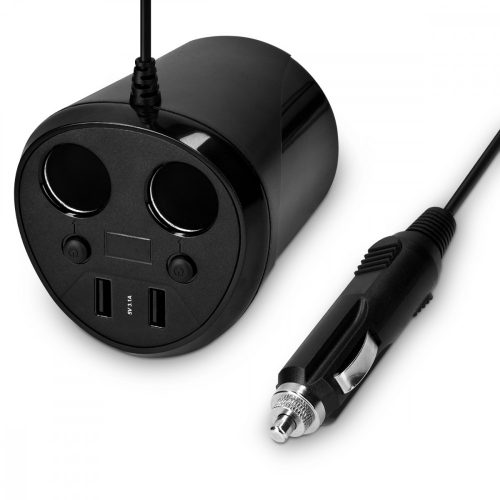 Autós adapter 2 aljzattal és 2 USB porttal Navaris, 12V - 24V, LED kijelző, Fekete, 49581.01