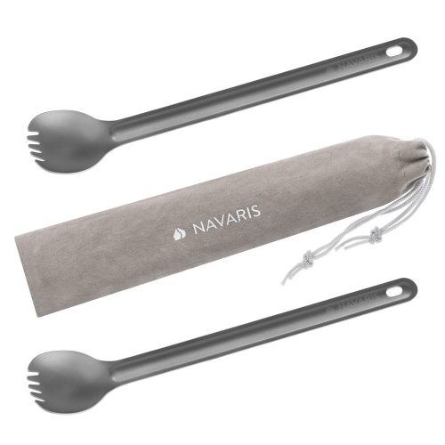 2 x Titanium Spork készlet hosszú nyéllel Navaris kempinghez, 21,5 cm, 52986.02