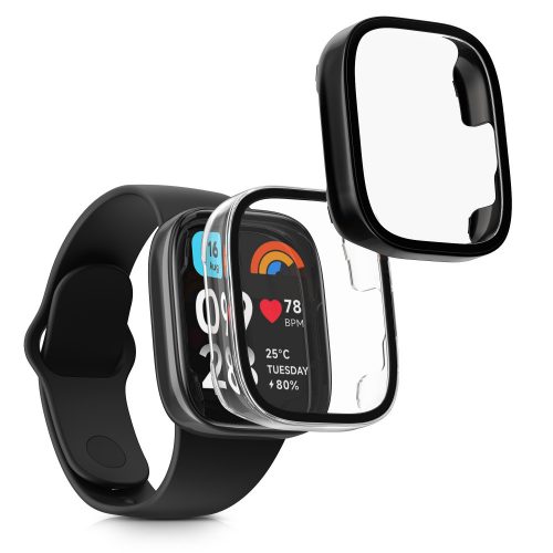 2 db Kwmobile tok biztonsági üveggel Xiaomi Redmi Watch 3 Active / Redmi Watch 3 Lite készülékhez, átlátszó/fekete, műanyag, KWM000024ZD002C